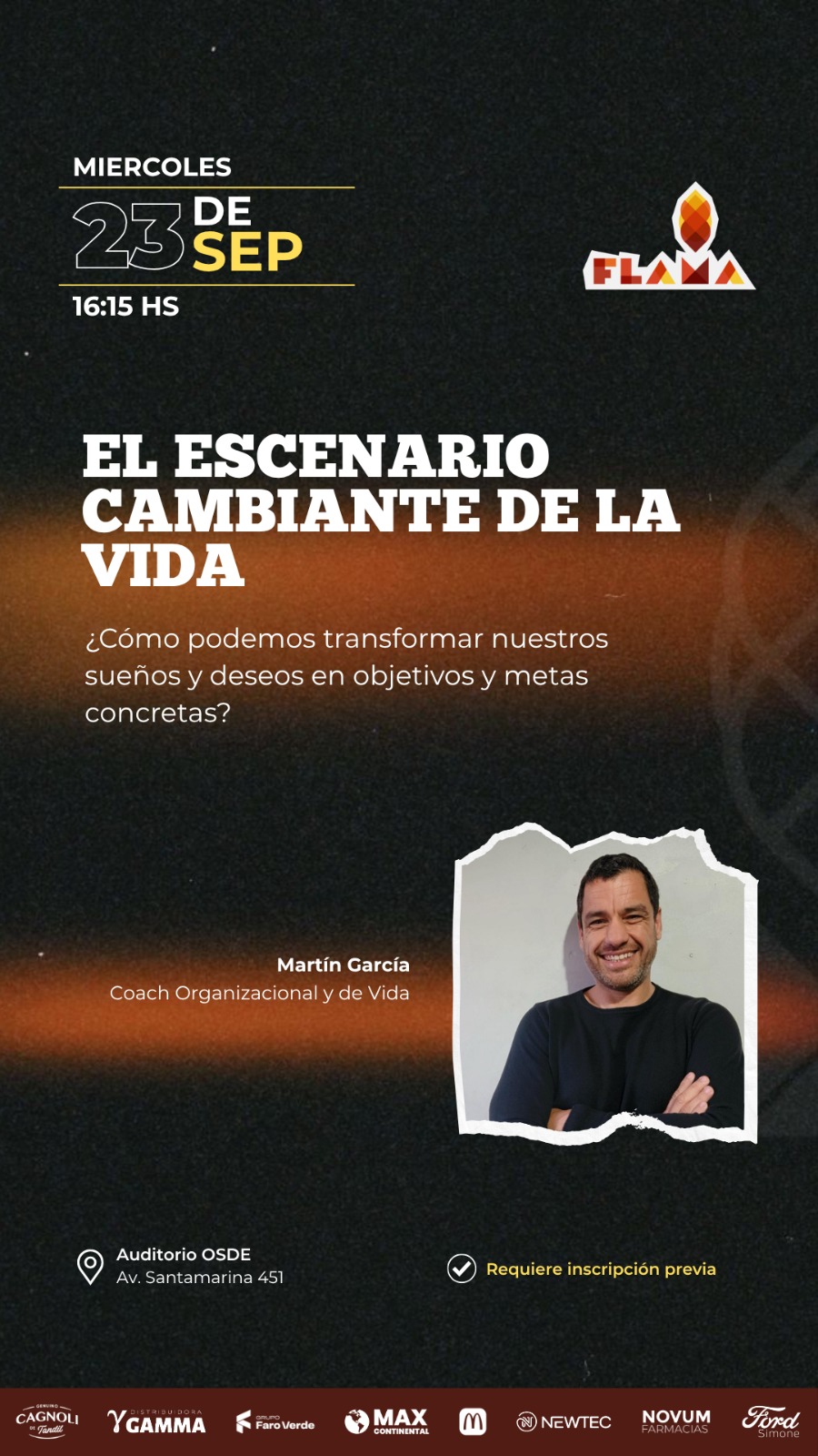 Flyer del evento Flama Tandil, 23 de septiembre, charla El escenario cambiante de la vida